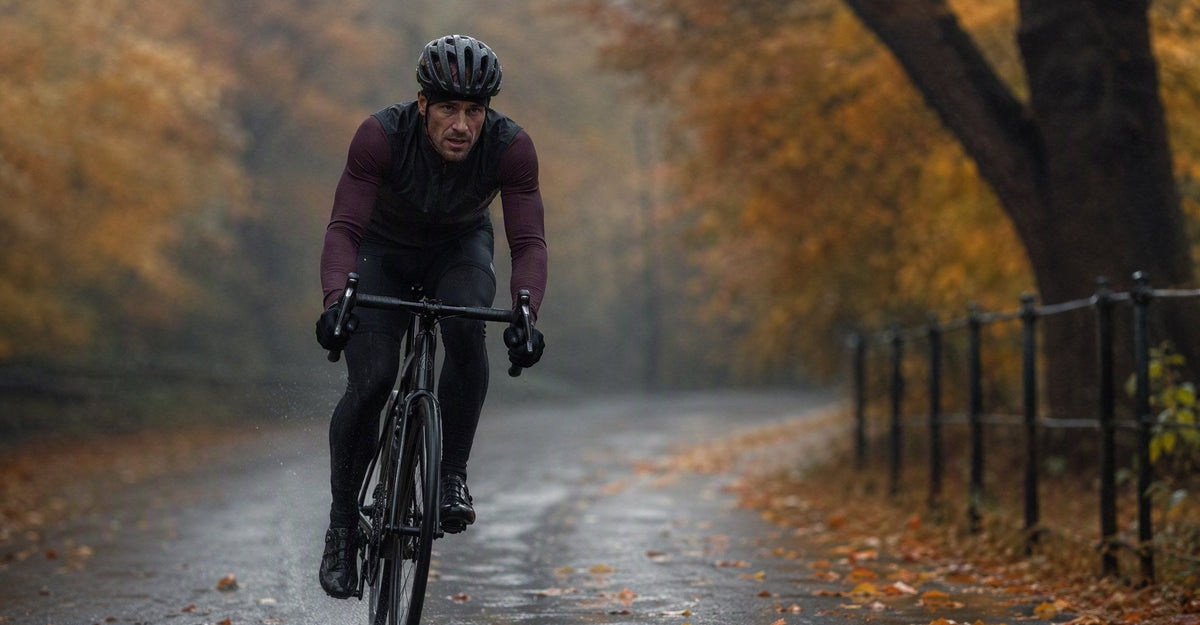 A road cyclist in a dark gilet and long-sleeve jersey rides through light rain on a wet, leaf-strewn autumn park road — changeable-weather cycling kit in action during 2026 UCI Road World Championships week in Montreal