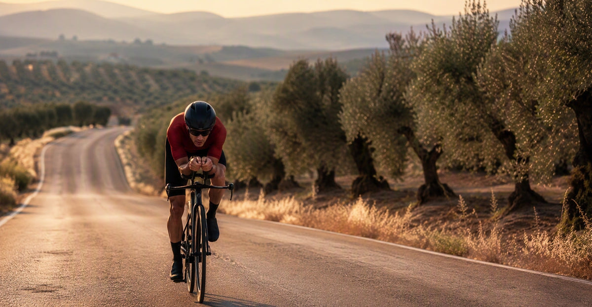 A lone cyclist in a low aerodynamic time-trial position rides along a sun-baked Andalusian road past olive groves in golden evening light during the final week of the 2026 Vuelta a España.