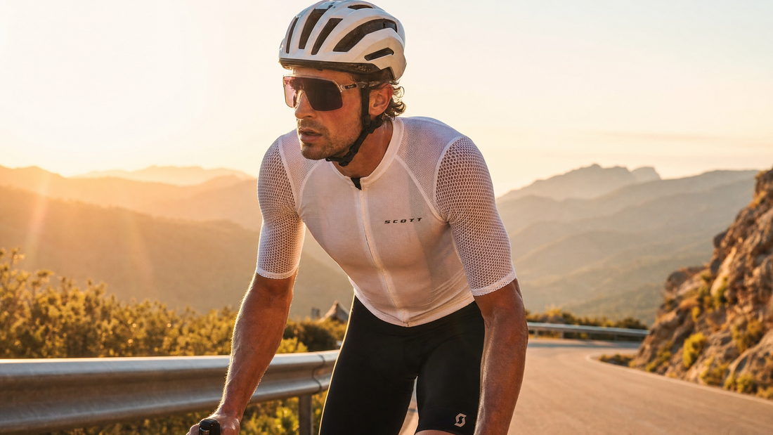 Cyclist riding in summer heat wearing technical aerodynamic cycling jersey with mesh ventilation panels, golden hour mountain road, editorial sports photography