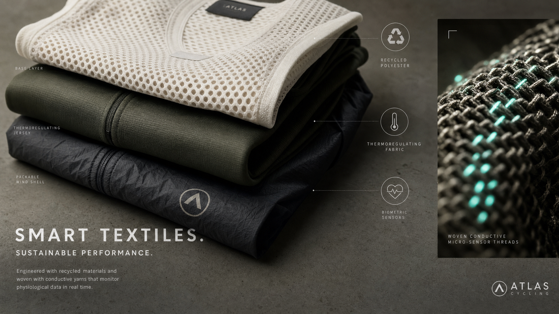 Flat-lay of layered technical cycling apparel with a macro detail of glowing smart-textile sensor threads woven into the fabric
