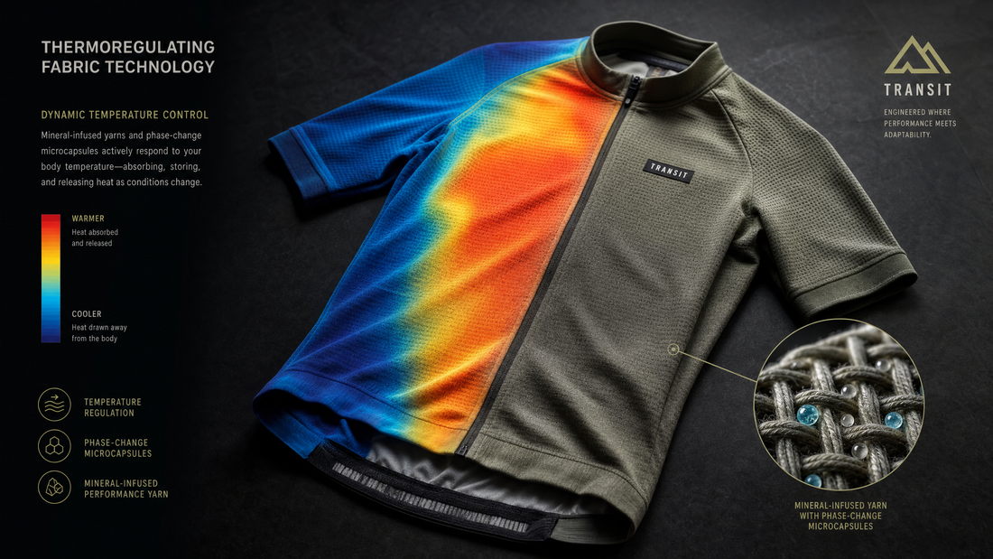 Cycling jersey with a thermal-imaging color gradient overlay showing heat regulation zones, alongside a macro detail of mineral-infused phase-change fiber weave
