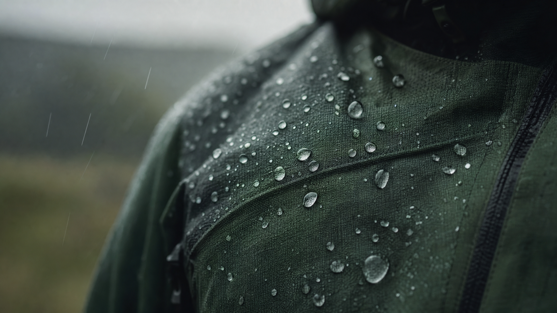 Macro close-up of raindrops beading and rolling off PFAS-free, PFC-free water-repellent technical fabric