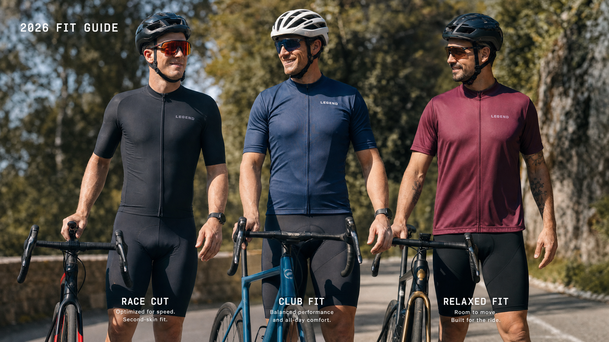 Three cyclists wearing different cycling jersey fits—race cut, club fit, and relaxed fit—standing side by side on a sunny road with their bikes, demonstrating fit comparison for 2026 cycling apparel.