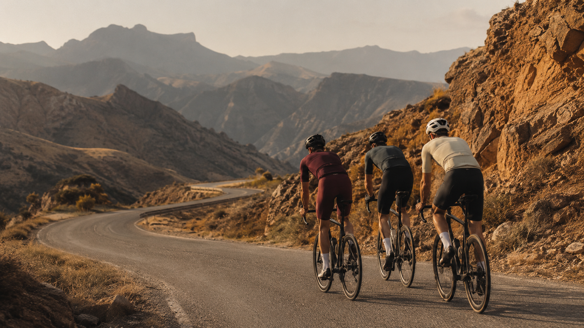 Three amateur road cyclists climbing a switchback mountain road through arid Spanish mountains in golden evening light, echoing the Vuelta a España 2026 mountain stages